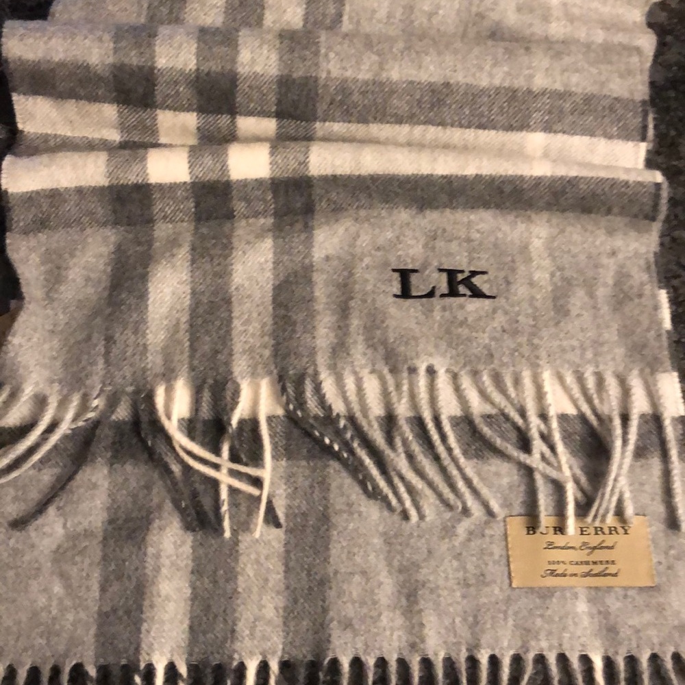 Burberry Scarf (grey and white) “LK” Embroidery
